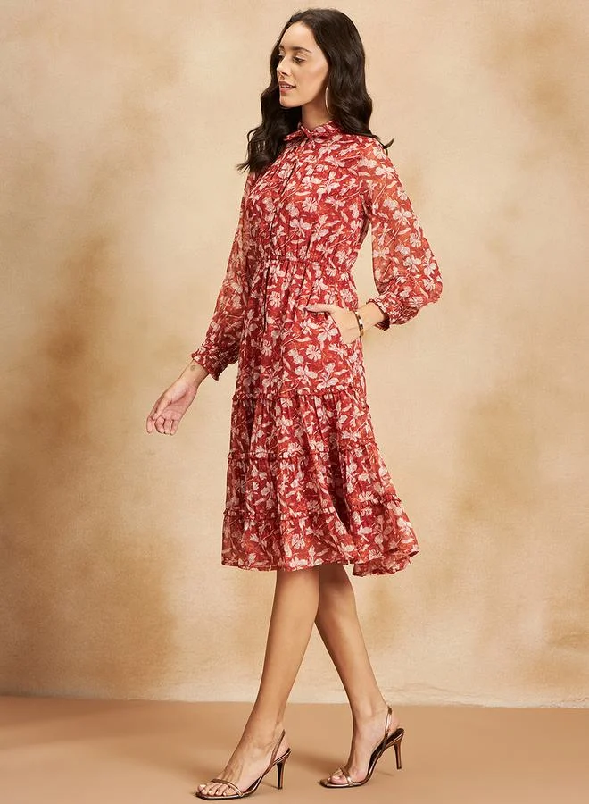 FEMELLA Collared Floral Print Tiered Midi Dress by Styli