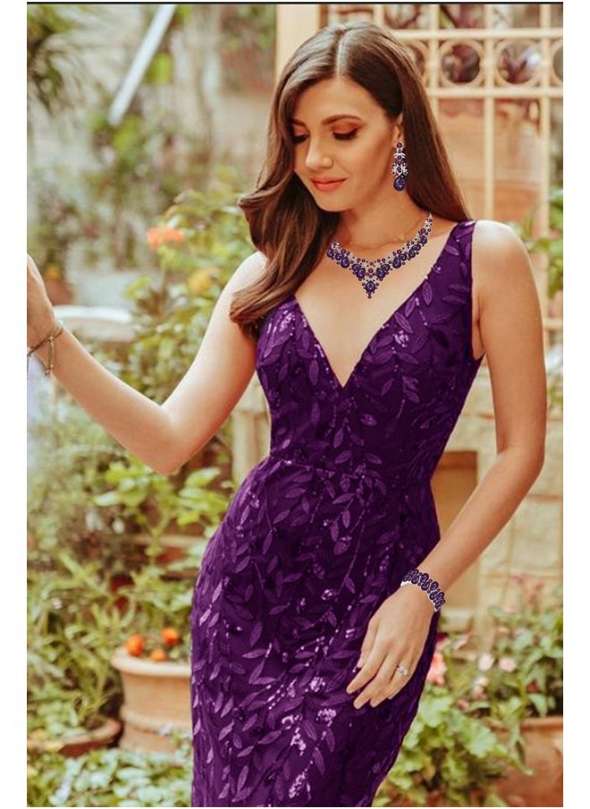 Paxuan - Elegant Bridal Wedding Jewelry Set For Women / Brides / Bridesmaids Teardrop Crystal Leaf Cluster Jewelry Set For Wedding Prom Party Bridal Bridesmaids Rhinestone Crystal Necklace Earrings Bracelet Set (Purple(Silver)) - Image 1