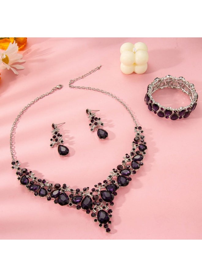Paxuan - Elegant Bridal Wedding Jewelry Set For Women / Brides / Bridesmaids Teardrop Crystal Leaf Cluster Jewelry Set For Wedding Prom Party Bridal Bridesmaids Rhinestone Crystal Necklace Earrings Bracelet Set (Purple(Silver)) - Image 1