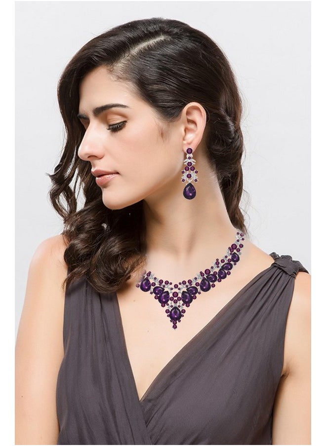 Paxuan - Elegant Bridal Wedding Jewelry Set For Women / Brides / Bridesmaids Teardrop Crystal Leaf Cluster Jewelry Set For Wedding Prom Party Bridal Bridesmaids Rhinestone Crystal Necklace Earrings Bracelet Set (Purple(Silver)) - Image 1