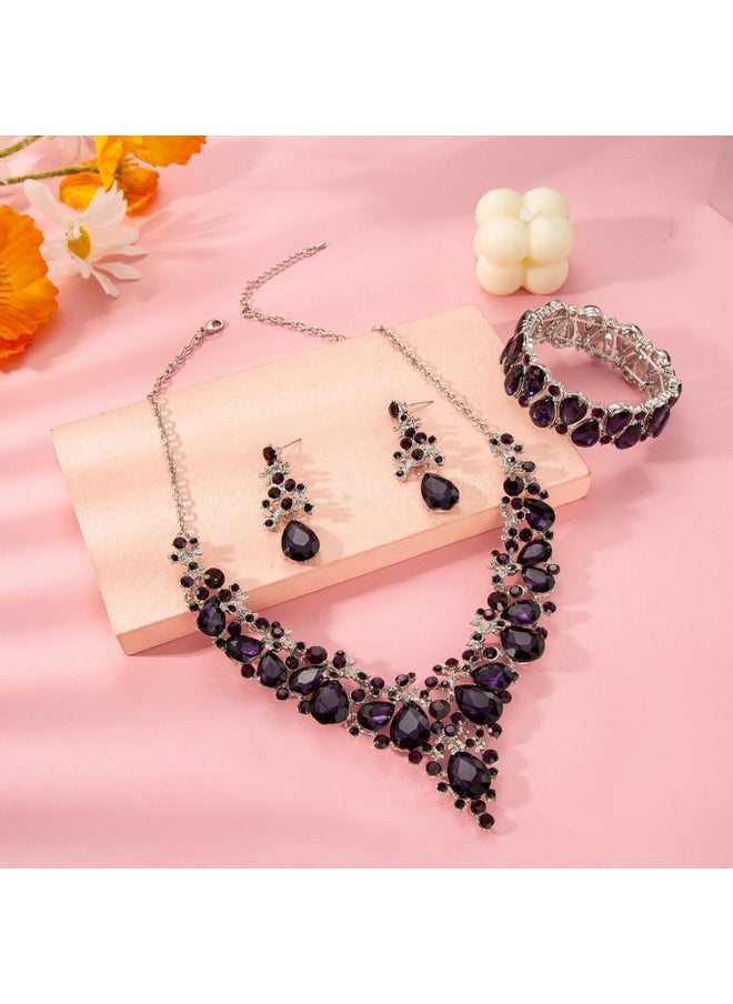 Paxuan - Elegant Bridal Wedding Jewelry Set For Women / Brides / Bridesmaids Teardrop Crystal Leaf Cluster Jewelry Set For Wedding Prom Party Bridal Bridesmaids Rhinestone Crystal Necklace Earrings Bracelet Set (Purple(Silver)) - Image 1