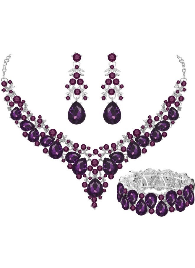 Paxuan - Elegant Bridal Wedding Jewelry Set For Women / Brides / Bridesmaids Teardrop Crystal Leaf Cluster Jewelry Set For Wedding Prom Party Bridal Bridesmaids Rhinestone Crystal Necklace Earrings Bracelet Set (Purple(Silver)) - Image 1