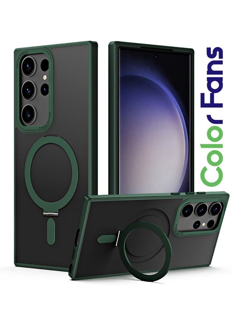 Color Fans Case for Samsung Galaxy S23 Ultra Shockproof Rubber Magnetic Invisible Stand Matte PC Cover Compatible with MagSafe Green