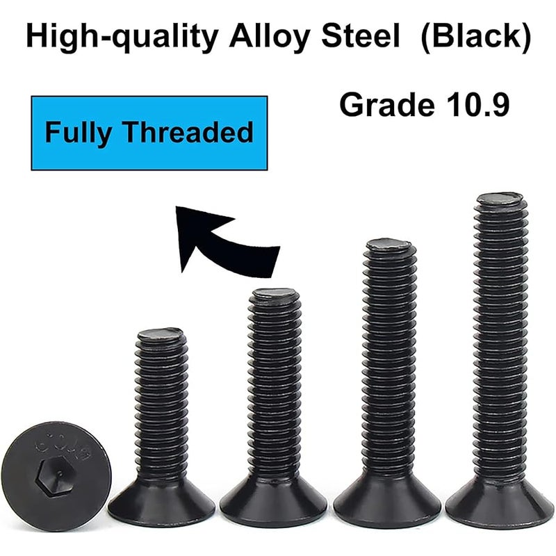HanTof Set of 100 M5 X 8/12/16/20/30 Mm Hex Flat Head Screws with Allen Wrench, Grade 10.9 Alloy Steel with Black Oxide Finish, Full Thread with 0.8mm Pitch. - Image 3