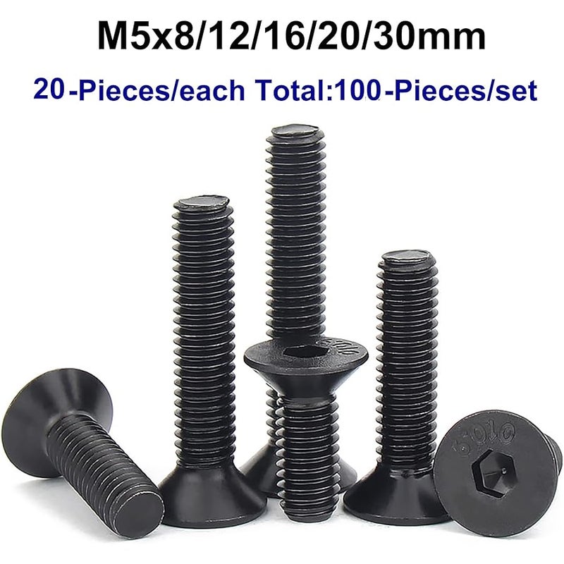 HanTof Set of 100 M5 X 8/12/16/20/30 Mm Hex Flat Head Screws with Allen Wrench, Grade 10.9 Alloy Steel with Black Oxide Finish, Full Thread with 0.8mm Pitch. - Image 5
