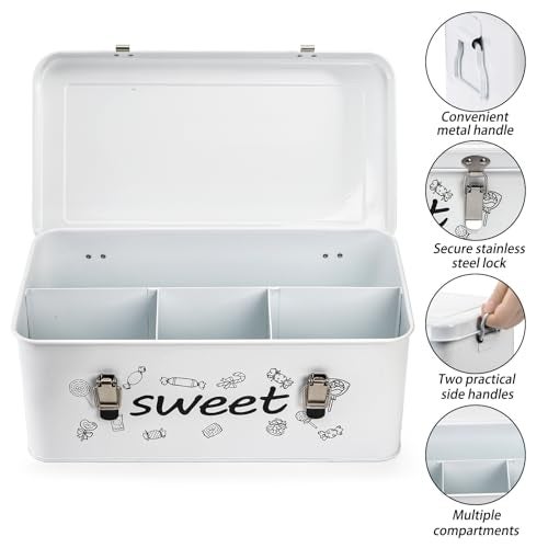 Frcctre Candy Storage Box, 4 Compartments Metal Candy Cookies Snacks Storage Tin Box with Lid Food Storage Container Farmhouse Kitchen Pantry Canister with Handle and Safety Lock - Image 3
