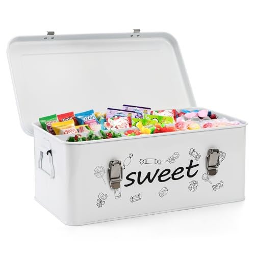 Frcctre Candy Storage Box, 4 Compartments Metal Candy Cookies Snacks Storage Tin Box with Lid Food Storage Container Farmhouse Kitchen Pantry Canister with Handle and Safety Lock - Image 1