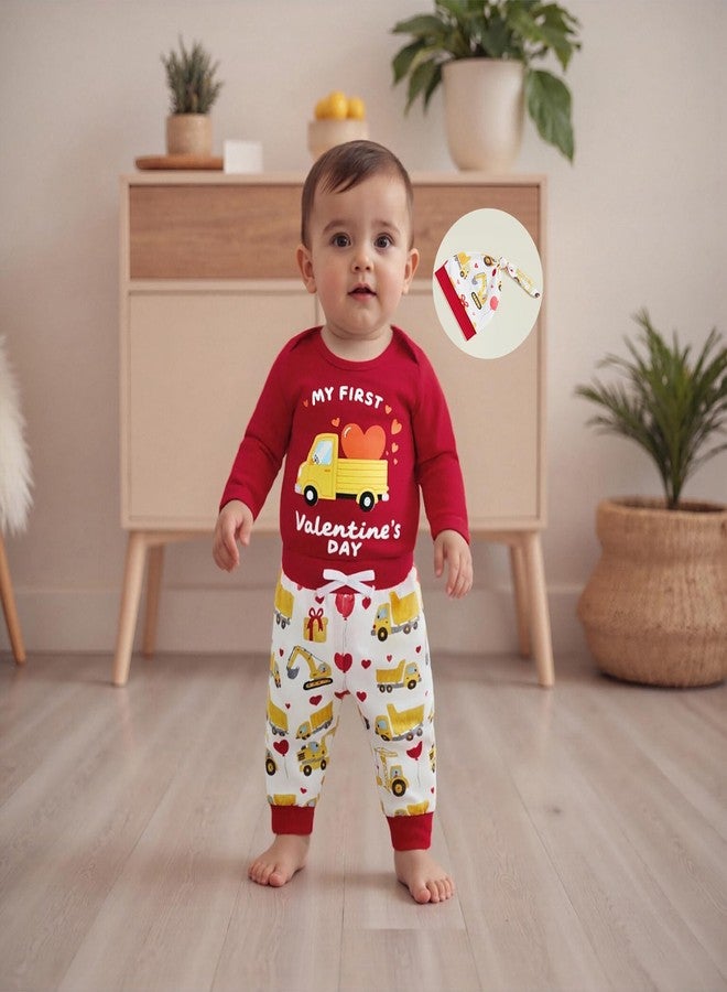 Lamuusaa Newborn Baby Boy Valentines Day Outfit My First Valentines Day Romper Truck Heart Long Pants Hat 3Pcs Spring Outfit (Red, 3-6 Months) - Image 2