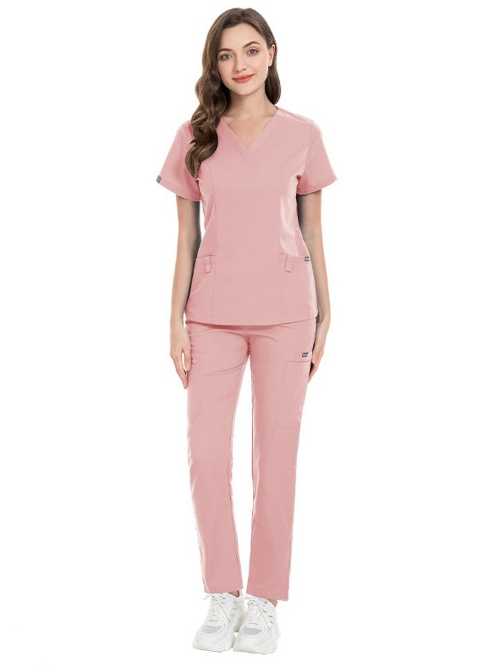Loquat Unisex Fashion Medical Uniform Scrubs 2 Piece Set V-Neck Top and Pants Suit Pink  - Image 1
