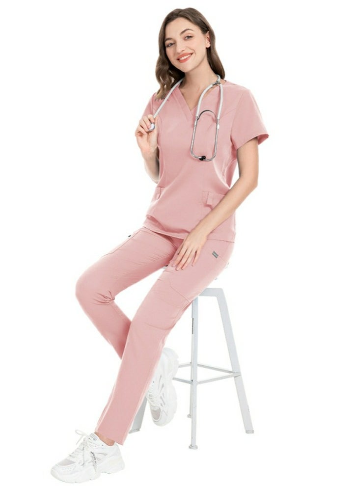 Loquat Unisex Fashion Medical Uniform Scrubs 2 Piece Set V-Neck Top and Pants Suit Pink  - Image 2