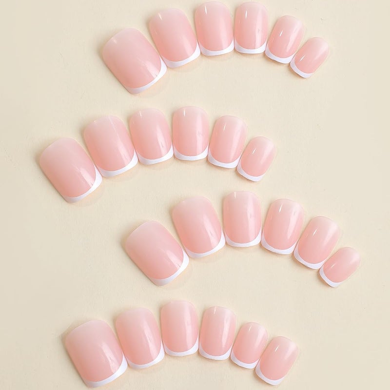 BSBTBZ White French Tip Press on Nails Short Square Fake Nails Pink Glossy Acrylic Glue on Nails Reusable Stick on Nails for Women and Girls DIY Nails Art Decoration 24pcs - Image 2