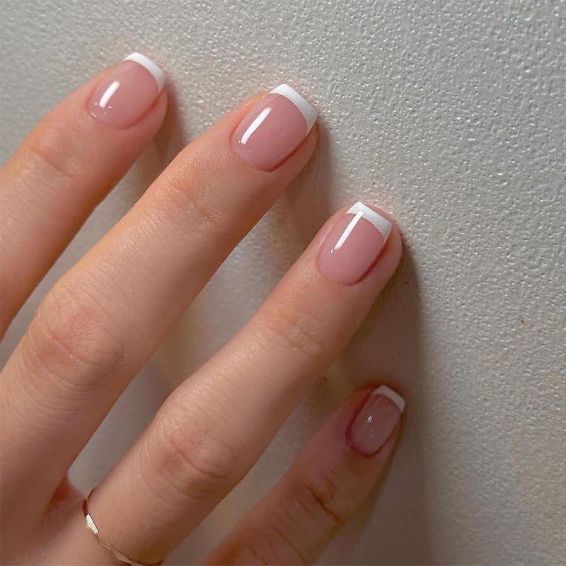 BSBTBZ White French Tip Press on Nails Short Square Fake Nails Pink Glossy Acrylic Glue on Nails Reusable Stick on Nails for Women and Girls DIY Nails Art Decoration 24pcs - Image 1
