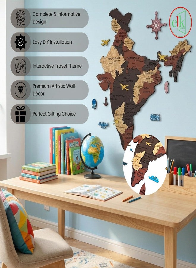 Elk Wooden 3D India Map Wall Decor With All State Names with Capital Cities - Perfect Home Wall Office Decor for Travel Enthusiasts | Size : M(91x83CM) - Image 3