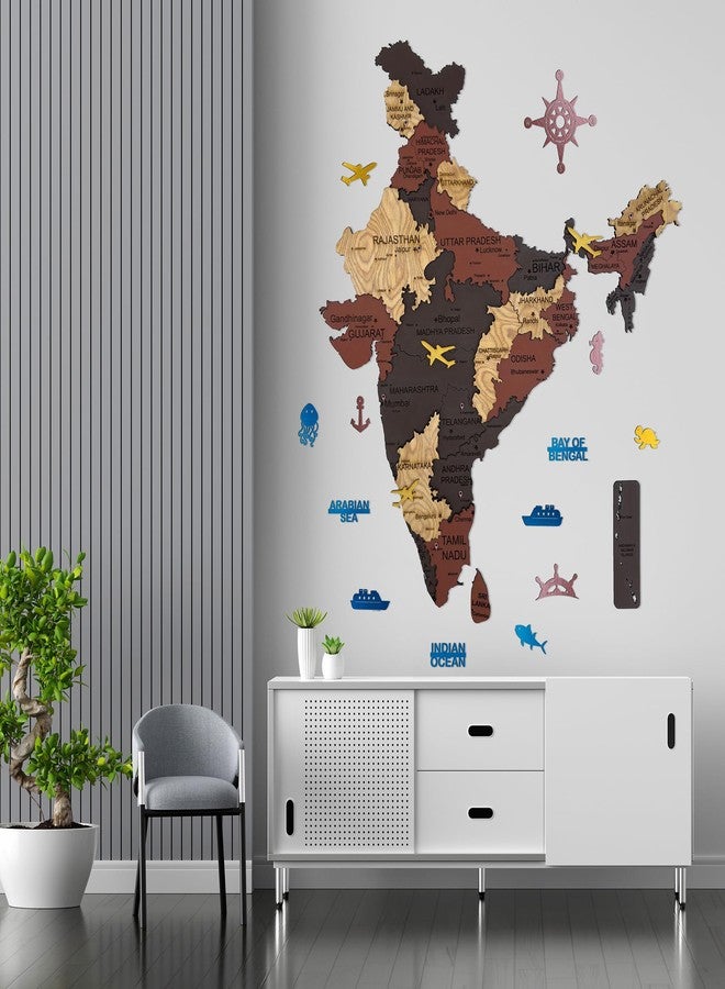 Elk Wooden 3D India Map Wall Decor With All State Names with Capital Cities - Perfect Home Wall Office Decor for Travel Enthusiasts | Size : M(91x83CM) - Image 1