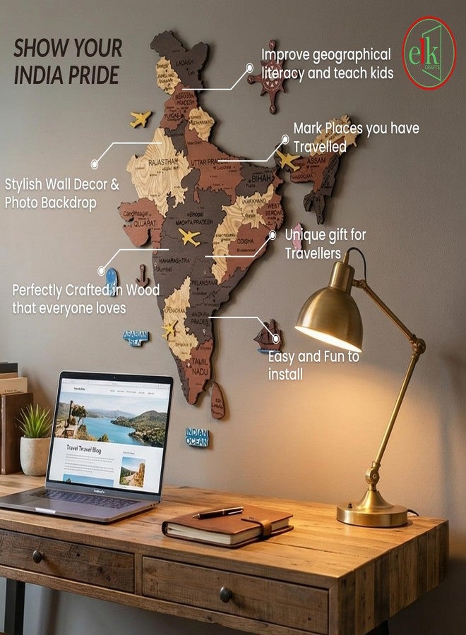 Elk Wooden 3D India Map Wall Decor With All State Names with Capital Cities - Perfect Home Wall Office Decor for Travel Enthusiasts | Size : M(91x83CM) - Image 4