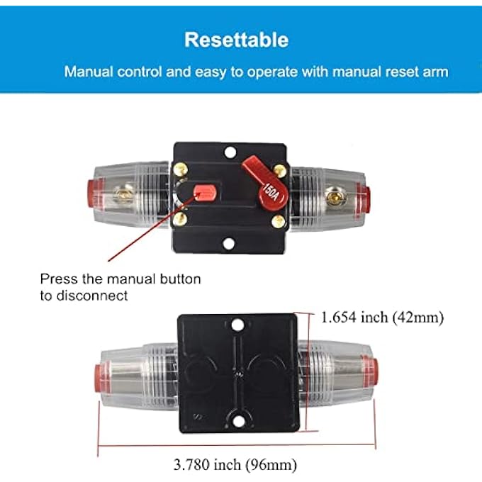 rayihni Audio Circuit Breaker Auto Car Stereo Inline Fuse Holders Inverter100A150A Manual Reset 12V24V Dc For Automotive Marine Boat Audio System Protection 100A - Image 5