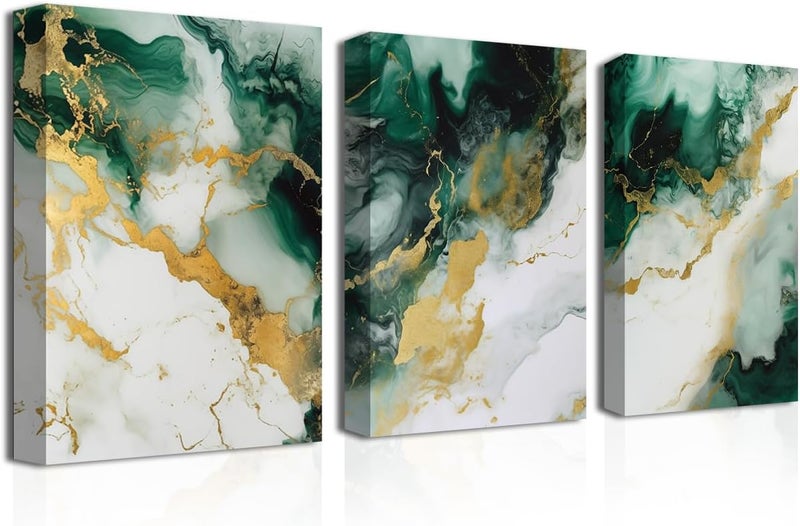 CXHOSTENT Emerald Green and Gold Wall Decor Set of 3 Abstract Marble Pictures - Image 1