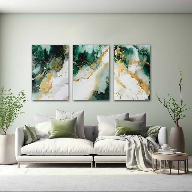 CXHOSTENT Emerald Green and Gold Wall Decor Set of 3 Abstract Marble Pictures - Image 2