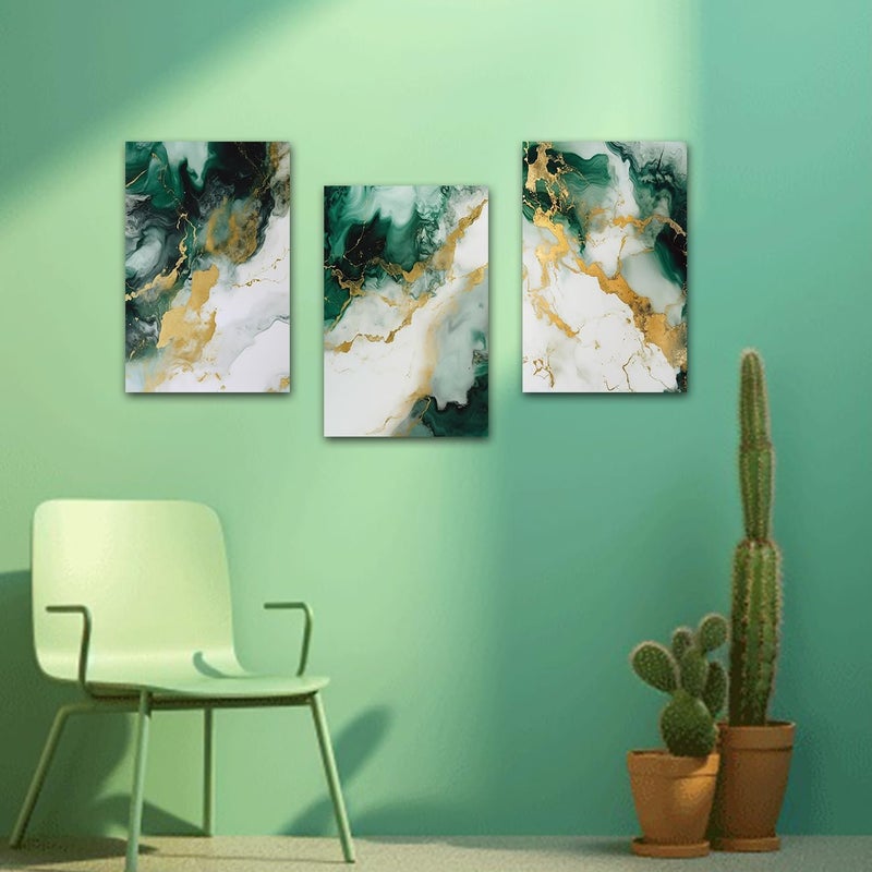 CXHOSTENT Emerald Green and Gold Wall Decor Set of 3 Abstract Marble Pictures - Image 4