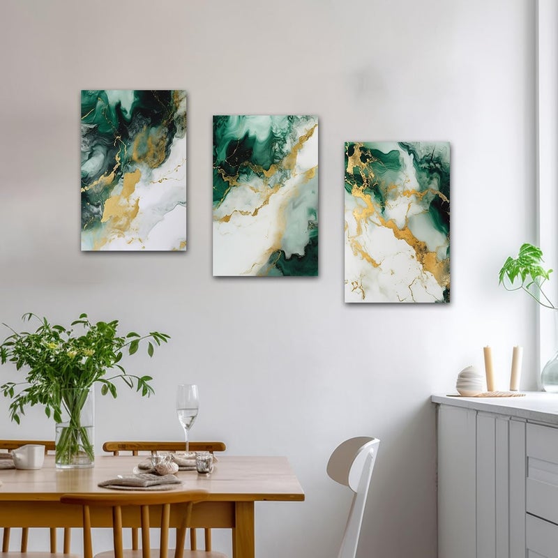 CXHOSTENT Emerald Green and Gold Wall Decor Set of 3 Abstract Marble Pictures - Image 3