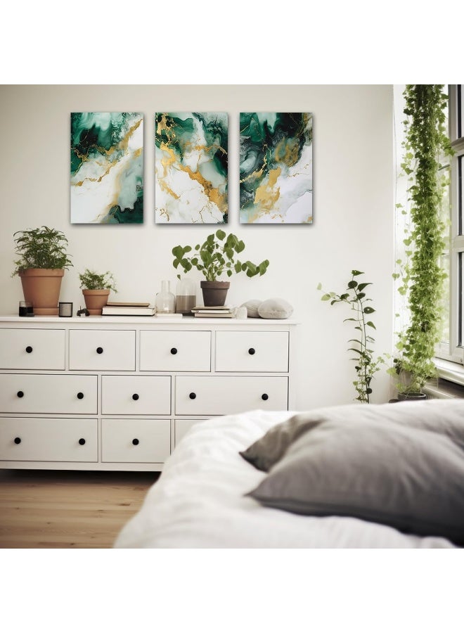 CXHOSTENT Emerald Green and Gold Wall Decor Set of 3 Abstract Marble Pictures - Image 5