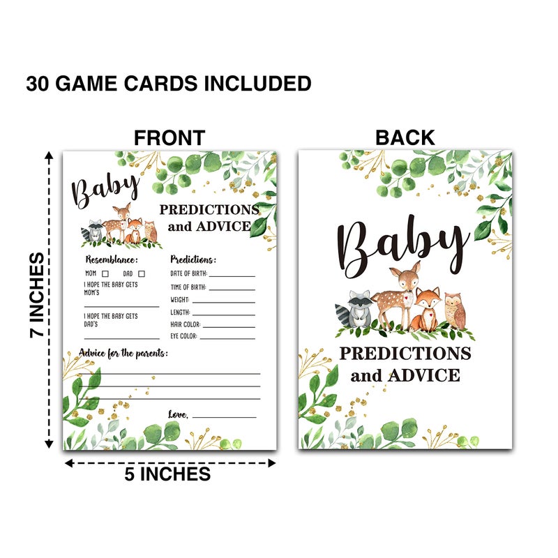 DETIHO Woodland Animal Baby shower Predictions And Advice Cards(5"X7")-Safari Baby shower Double-Sided Game Cards Party Favor-30Pcs-C05 - Image 2