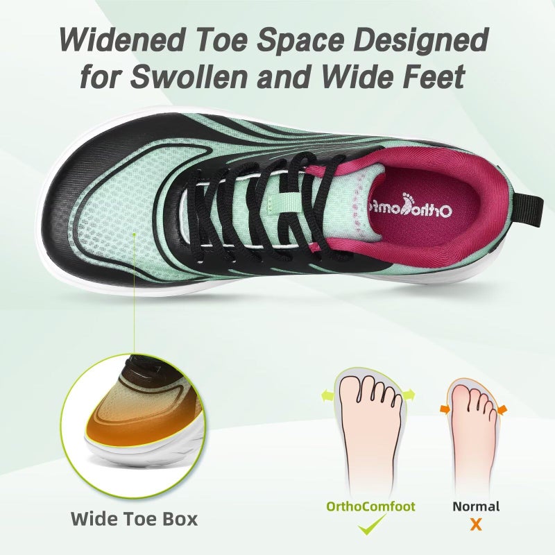 OrthoComfoot أحذية مشي واسعة نسائية طبية لمرضى السكري: دعم لتخفيف آلام كعب القدم والتهاب اللفافة الأخمصية، أحذية تنس مريحة، خفيفة الوزن، مناسبة للتنفس، مناسبة لالتهاب وتر العرقوب، أحذية رياضية باللون الأسود والرمادي والأزرق، مقاس 7 - Image 2