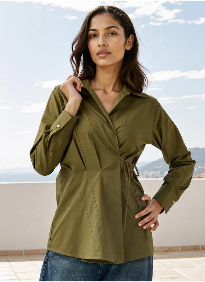 ايكونيك Iconic Poplin Wrap Top with Collar and Long Sleeves