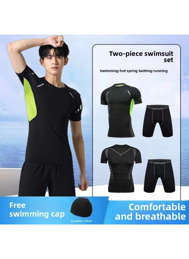 Swimsuit Men's Top Anti-embarrassment Five-point Swimming Diving Suit Suit Summer Men's Swimming Trunks Men's Full Body Sun Protection Long Sleeve-Color:Silk Green Long Sleeves + Quarter Pants (swimming Cap Included)-