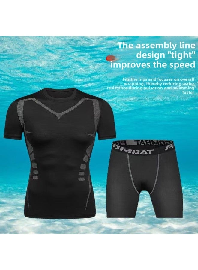 Swimsuit Men's Top Anti-embarrassment Five-point Swimming Diving Suit Suit Summer Men's Swimming Trunks Men's Full Body Sun Protection Long Sleeve-Color:Silk Green Long Sleeves + Quarter Pants (swimming Cap Included)-