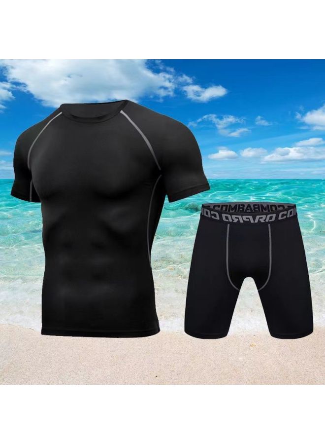 Swimsuit Men's Top Anti-embarrassment Five-point Swimming Diving Suit Suit Summer Men's Swimming Trunks Men's Full Body Sun Protection Long Sleeve-Color:Silk Green Long Sleeves + Quarter Pants (swimming Cap Included)-