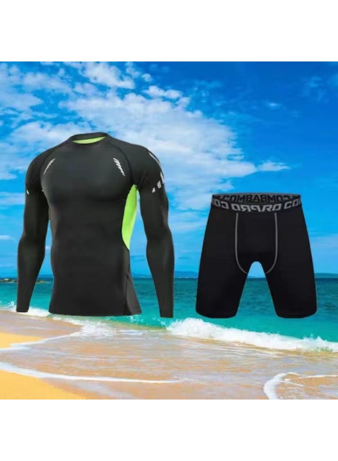 Swimsuit Men's Top Anti-embarrassment Five-point Swimming Diving Suit Suit Summer Men's Swimming Trunks Men's Full Body Sun Protection Long Sleeve-Color:Silk Green Long Sleeves + Quarter Pants (swimming Cap Included)-