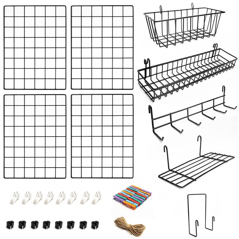 4 Pack Wire Wall Grid Panel with Accessories  Includes Hanging Baskets Letter Sorter Shelf  Hook Rack  Grid Wall Panels  Photo Grid  Hanging Home Office  Kitchen Dcor