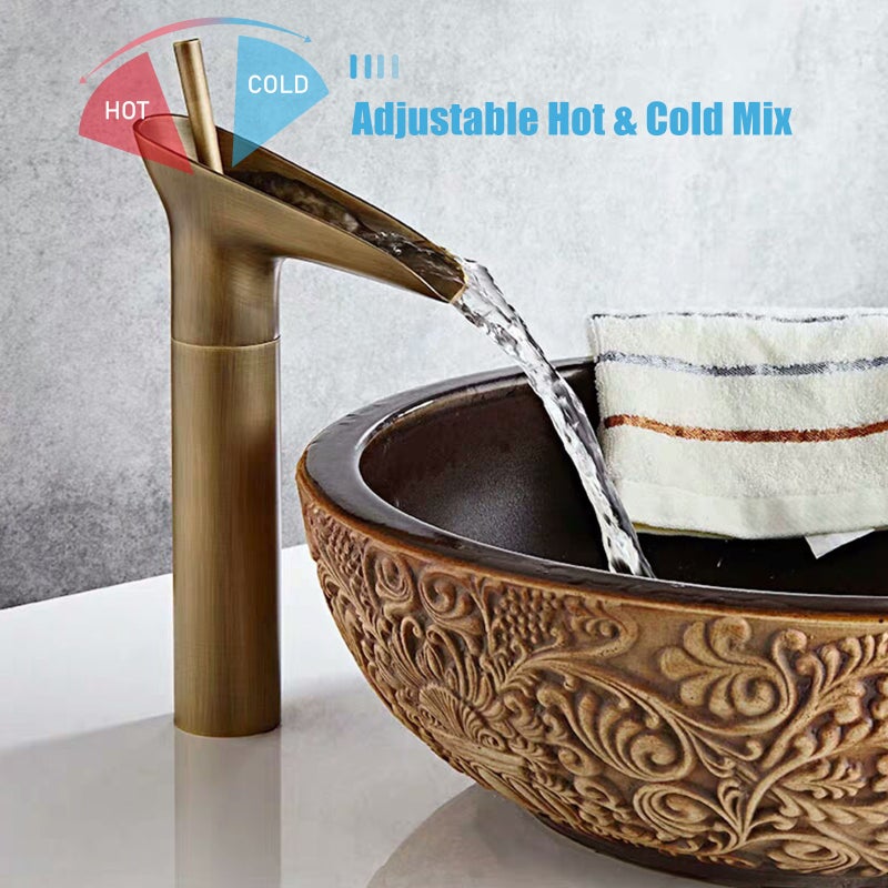 Vintage Style Waterfall Faucet Bathroom Sink Faucet Brass Basin Water Tap High Single Lever Mixer Tap Hot & Cold Mix Washbasin Tap With 2 Hose - Image 3