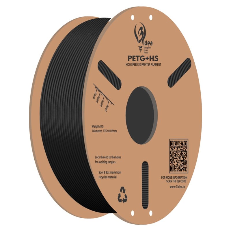 3idea PETG+ HS Premium High Speed 3D Printing Filament, Black 1.75mm, Net Weight-1kg - Image 1