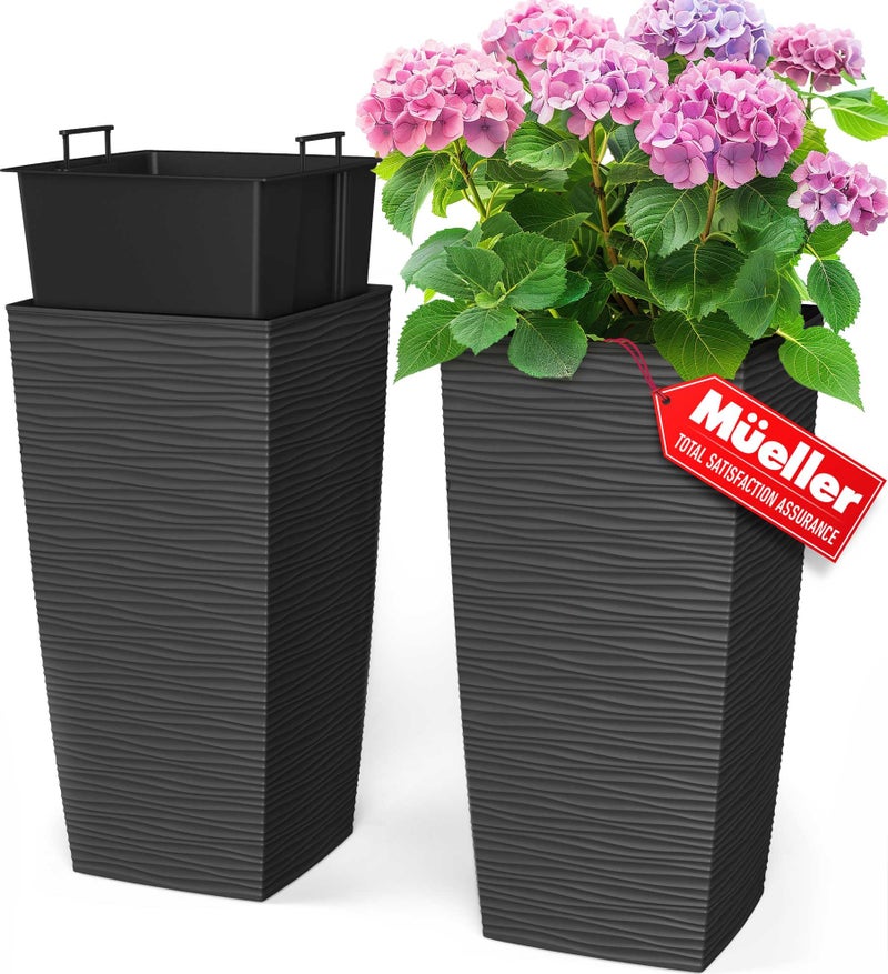 Mueller M-Resin Heavy Duty Tall Planters for Outdoor Plants, Indoor Grande Plant Pots, Boxes, Trees, Flower Pots, 2-Piece Set, 24”, Modern Design, Built-in Drainage, Front Porch Decor, Dark Gray - Image 1
