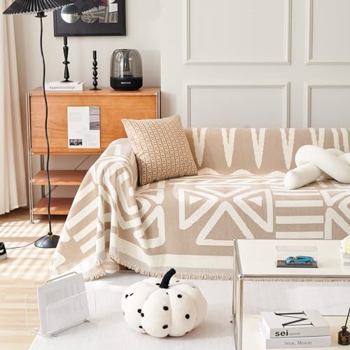 HANDONTIME Sofa Covers for Sectional Sofa Set Boho Couch Cover for Dogs Khaki Throw Couch Cover with Tassel Loveseat Covers Futon Cover L Shaped Cover Washable Chenille Couch Protector, 71" X118" - Image 1