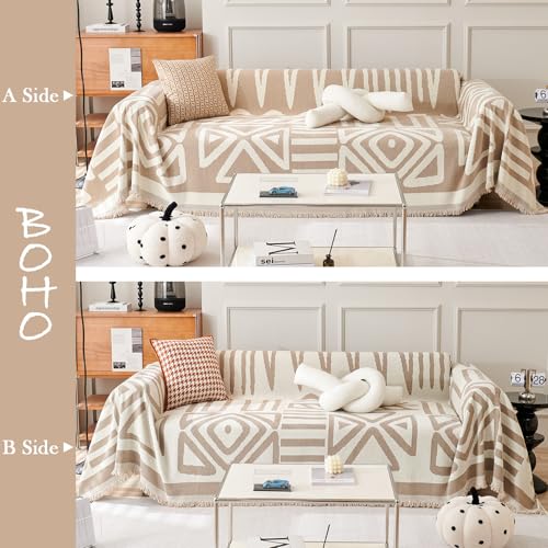 HANDONTIME Sofa Covers for Sectional Sofa Set Boho Couch Cover for Dogs Khaki Throw Couch Cover with Tassel Loveseat Covers Futon Cover L Shaped Cover Washable Chenille Couch Protector, 71" X118" - Image 2