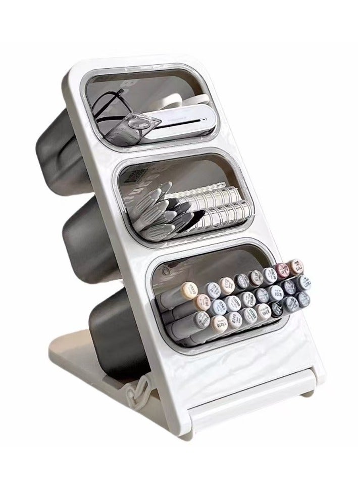 طقم حامل أقلام أكريليك مكون من قطعتين للمكتب، منظم أقلام وفرش بزاوية مع 6 أقسام، حامل أدوات مكتبية سهل الوصول إليه، رف تخزين فرش المكياج بسعة كبيرة للحمام وسطح المكتب (رمادي)