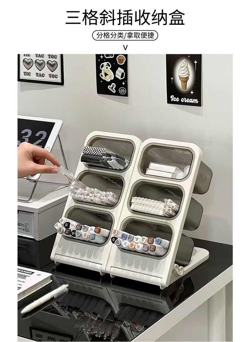 2 pcs Acrylic Pen Holders Kit for Desk, Angled Insert Pencil & Brush Organizers with 6 Compartments, Easy-Access Desktop Stationery Holders, Large-Capacity Makeup Brush Storage Rack for Bathroom, Desktop （Grey） - Image 2