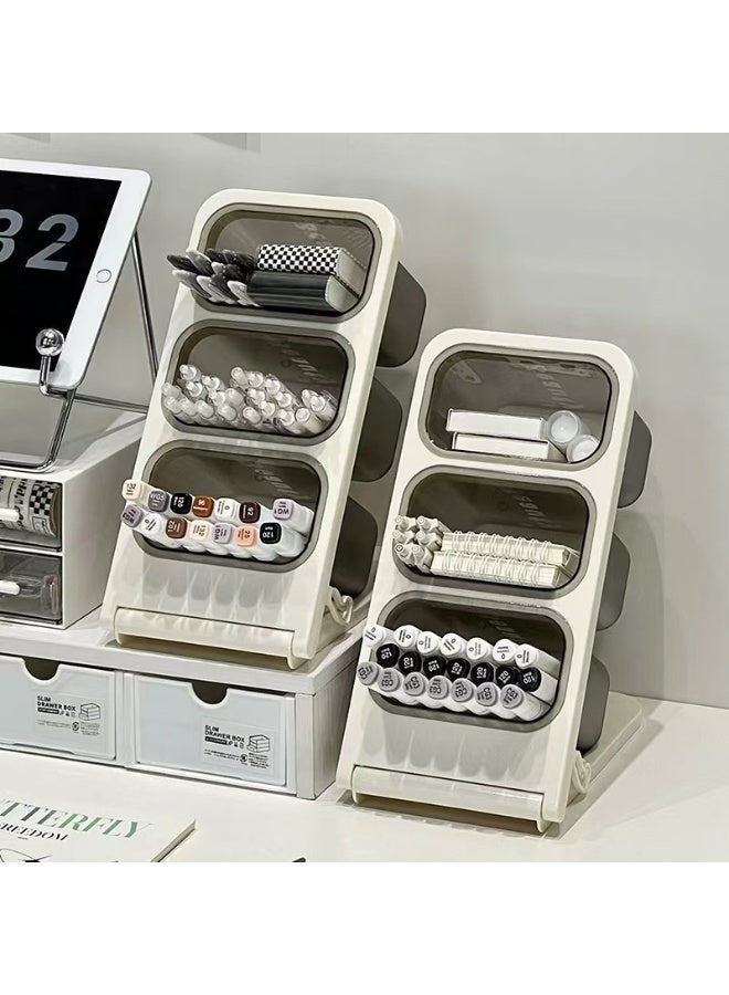 2 pcs Acrylic Pen Holders Kit for Desk, Angled Insert Pencil & Brush Organizers with 6 Compartments, Easy-Access Desktop Stationery Holders, Large-Capacity Makeup Brush Storage Rack for Bathroom, Desktop （Grey） - Image 1