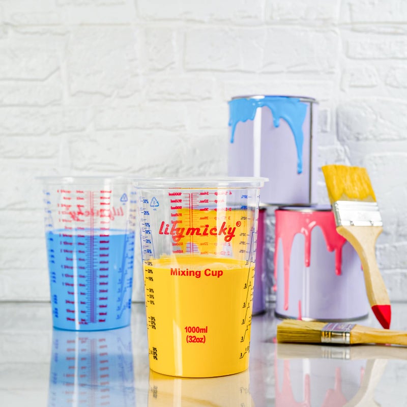 Lilymicky 50 PACK Plastic Measuring Cups, 32 oz (1000ml) Disposable Mixing Cups, Measurement ratios: 2:1, 3:1, 4:1, Perfect for Epoxy Resin, Paint Mixing, Art DIY - Image 3