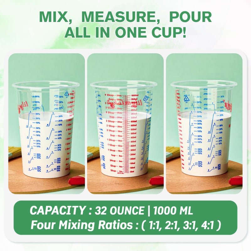 Lilymicky 50 PACK Plastic Measuring Cups, 32 oz (1000ml) Disposable Mixing Cups, Measurement ratios: 2:1, 3:1, 4:1, Perfect for Epoxy Resin, Paint Mixing, Art DIY - Image 4