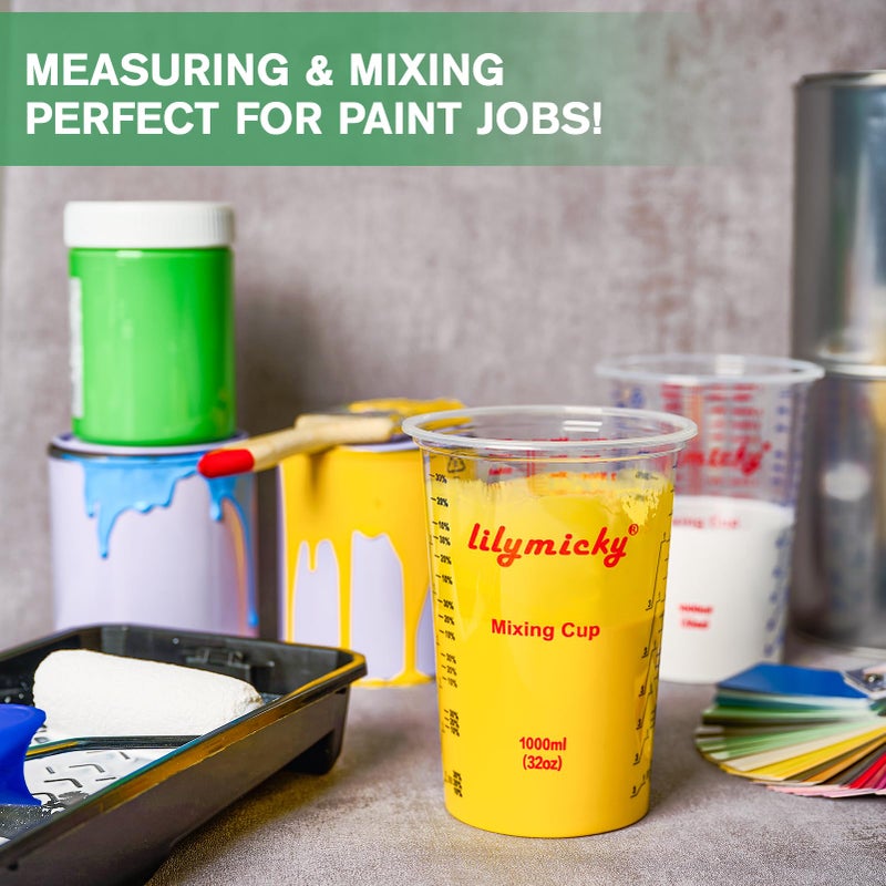 Lilymicky 50 PACK Plastic Measuring Cups, 32 oz (1000ml) Disposable Mixing Cups, Measurement ratios: 2:1, 3:1, 4:1, Perfect for Epoxy Resin, Paint Mixing, Art DIY - Image 5
