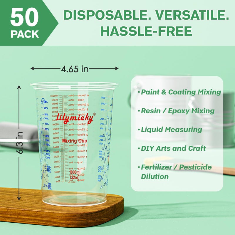 Lilymicky 50 PACK Plastic Measuring Cups, 32 oz (1000ml) Disposable Mixing Cups, Measurement ratios: 2:1, 3:1, 4:1, Perfect for Epoxy Resin, Paint Mixing, Art DIY - Image 2