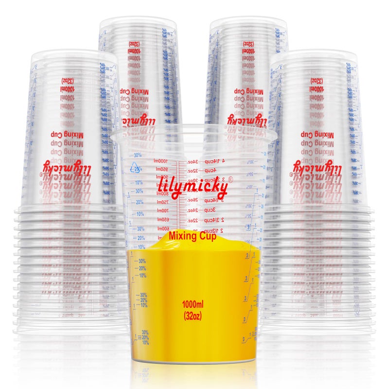 Lilymicky 50 PACK Plastic Measuring Cups, 32 oz (1000ml) Disposable Mixing Cups, Measurement ratios: 2:1, 3:1, 4:1, Perfect for Epoxy Resin, Paint Mixing, Art DIY - Image 1