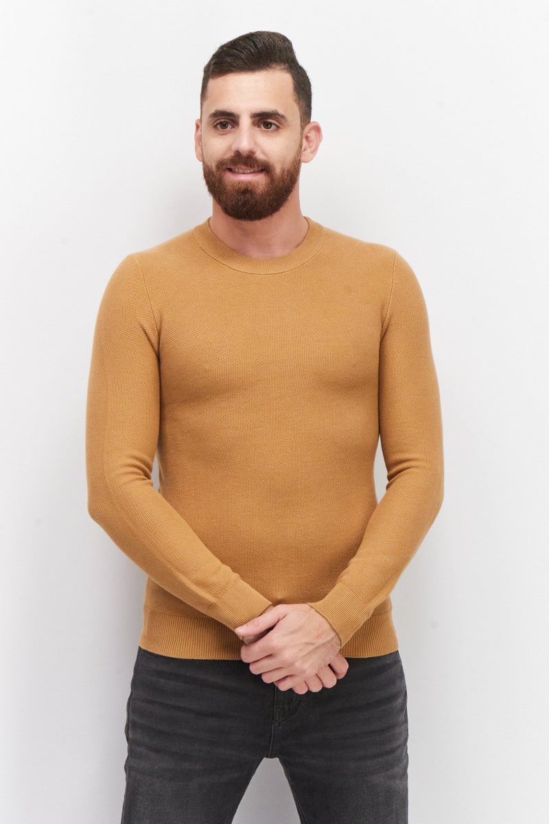 Celio Men Crew Neck Long Sleeve Knitted Sweater, Brown - Image 1