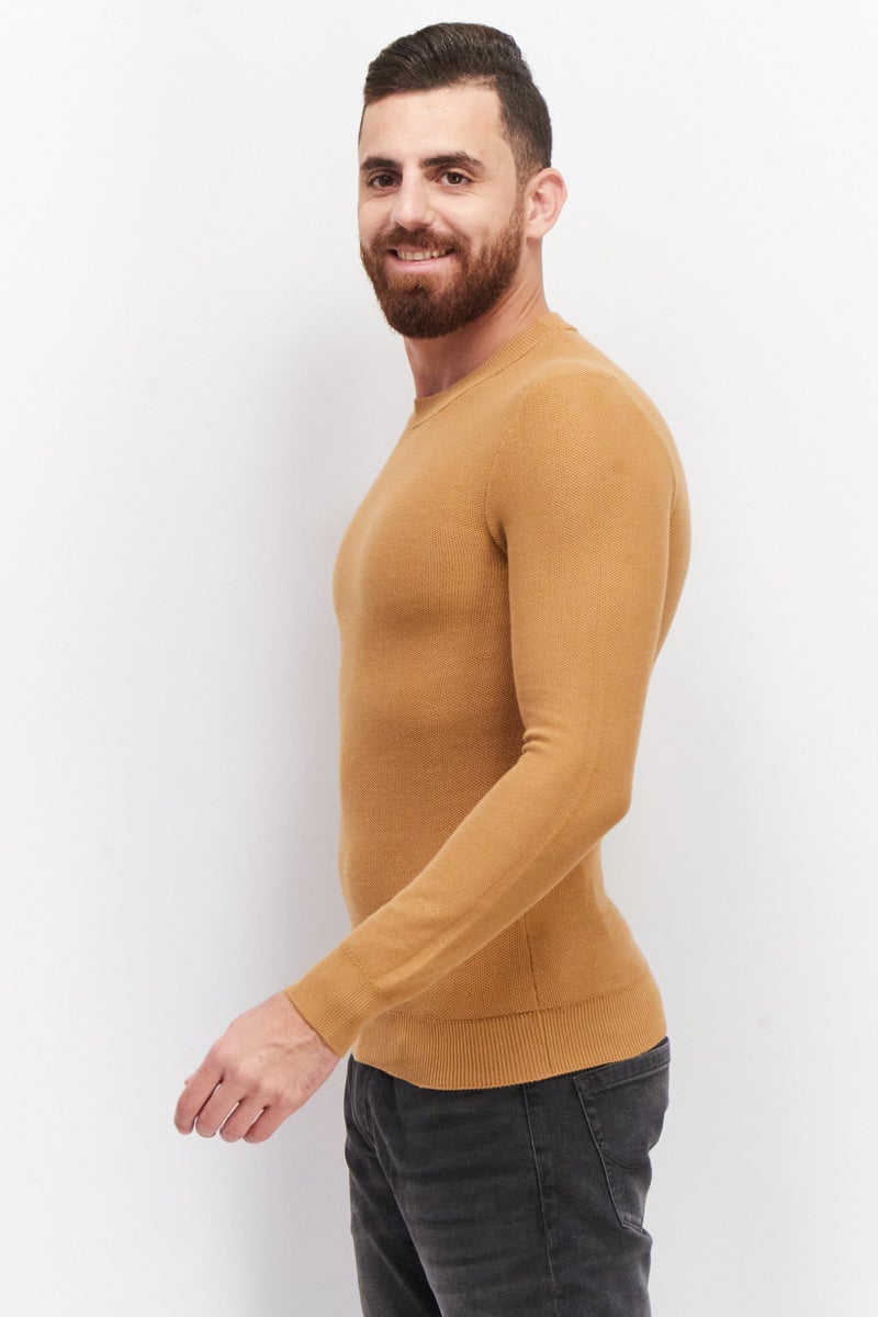 Celio Men Crew Neck Long Sleeve Knitted Sweater, Brown - Image 3