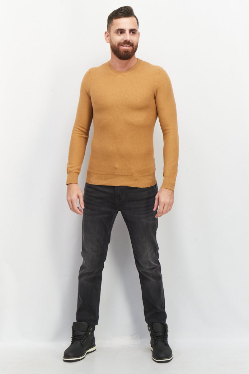 Celio Men Crew Neck Long Sleeve Knitted Sweater, Brown - Image 2