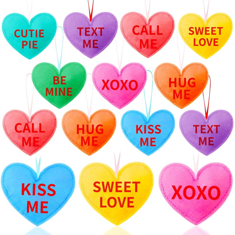 MARFOREVER 16-Pack Valentine's Felt Heart Ornaments, 8 Designs with Phrases Like XOXO, Be Mine, Hanging Heart Decor for Tree, Wedding, Party, DIY Crafts (Colorful, 8.5x7cm) - Image 1